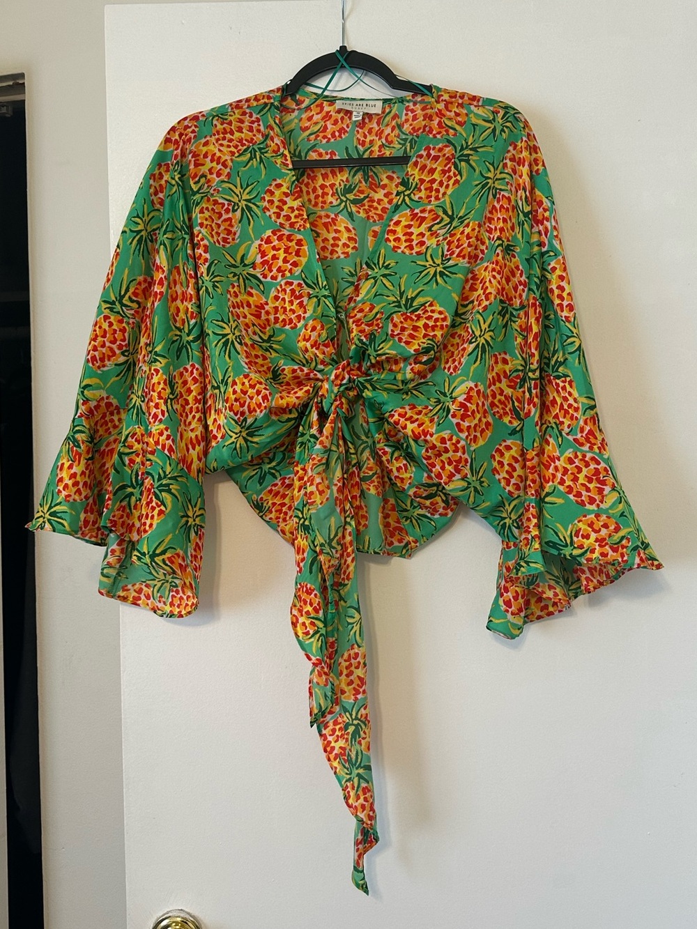 Skies Are Blue Green Tie-Front Pineapple Print Blouse with Orange Accents